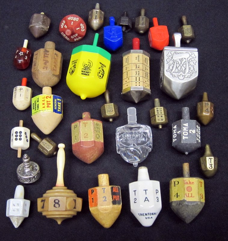 TEETOTUMS (30): Wood, metal, plastic, glass; Putt & Take twirlers; Hebrew, numbered, lettered, dice; H-1/2" - 2", F-VG