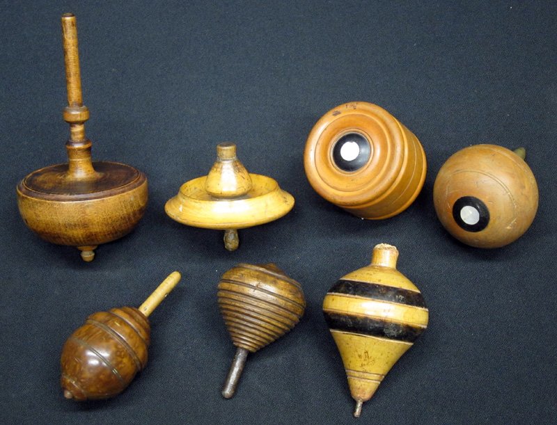 EARLY WOOD TOPS (7): Whip, Twirler, peg, etc.; (1) nut; H-3" - 5", G-VG