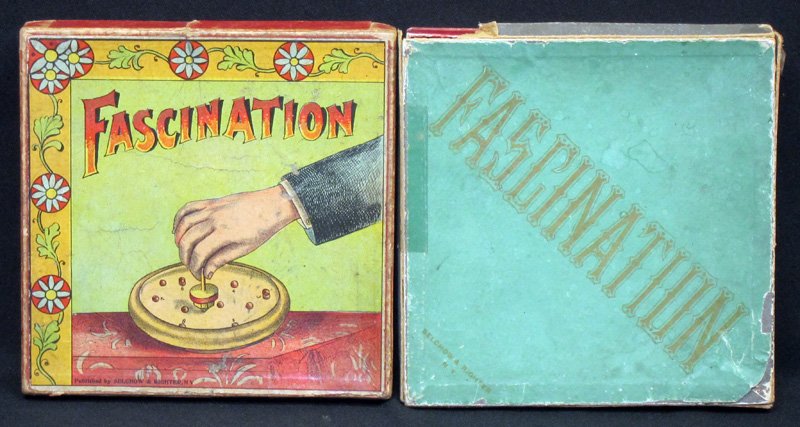 FASCINATION TOP GAMES (2): Selchow & Richter; paper litho boxes with wood game board, top and balls; spin top and knock balls into point holes; boxes worn; box L-6", G-VG