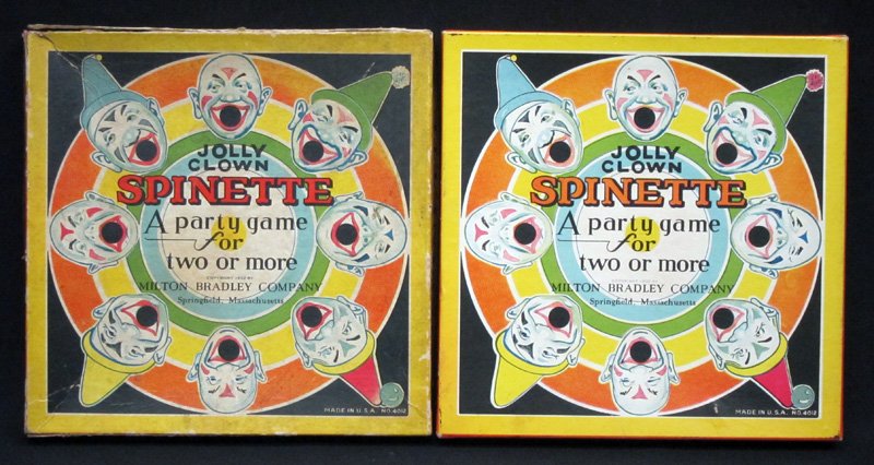 JOLLY CLOWN SPINETTE GAMES (2): Milton Bradley; litho cardboard with wooden tops and bal; (1) top missing post; (1) box worn; box L-9 1/2", G-VG
