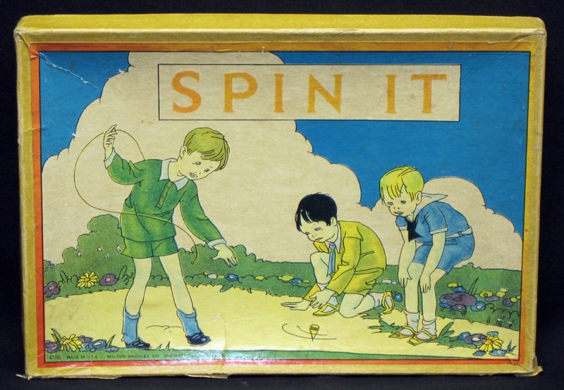 SPIN IT TOP GAME: #4198, Milton Bradley; wood spinners on cardboard game board with point values; original box; box has some minor tears and fading; box L-11", G-VG