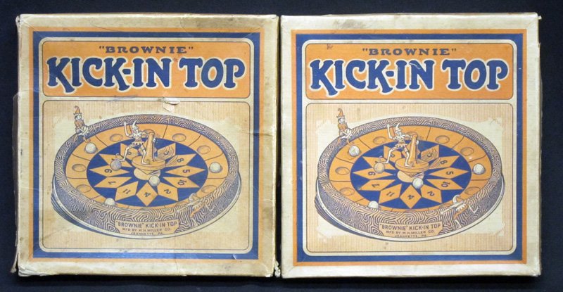 BROWNIE "KICK-IN TOP" GAMES (2): Original boxes; metal with wood tops and balls; (1) missing balls; boxes worn; box L-8 1/2", G-VG
