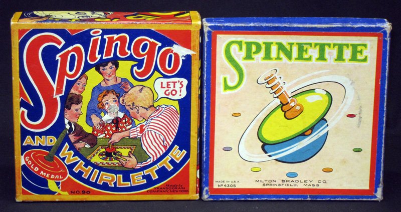 SPINETTE & SPINGO TOP GAMES (2): Original boxes; Spinette: Milton Bradley #4305; Spingo: Transogram #90; box L-7", G-VG