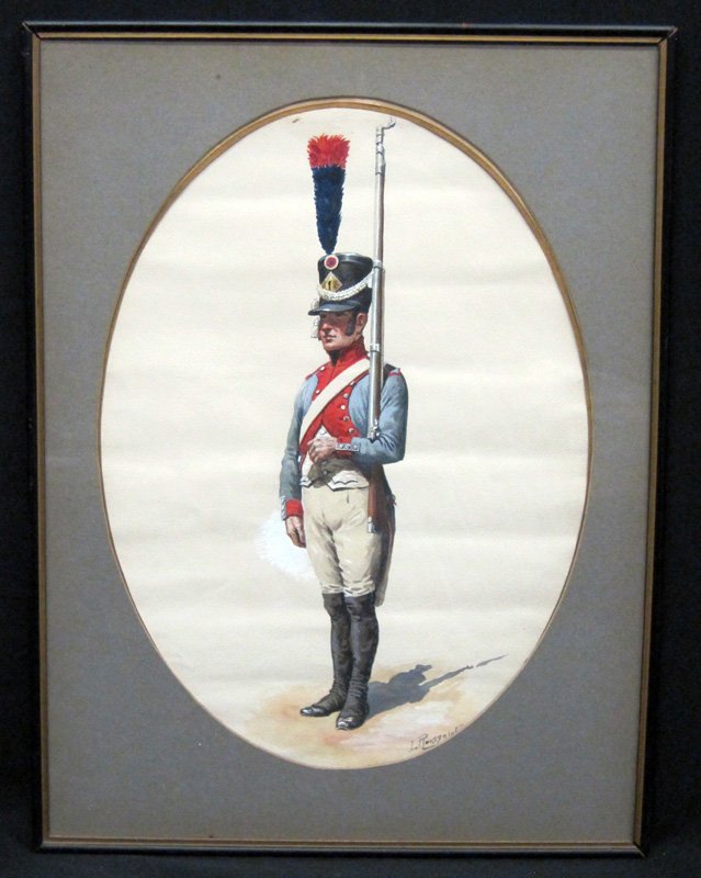 ROUSSELOT FRENCH FUSILIER WATERCOLOR: Signed L. Rousselot lower right; the original for Plate X in book "Les Uniformes Des Troupes Coloniales" by Depreaux; matted and framed; 16" x 12", G-VG