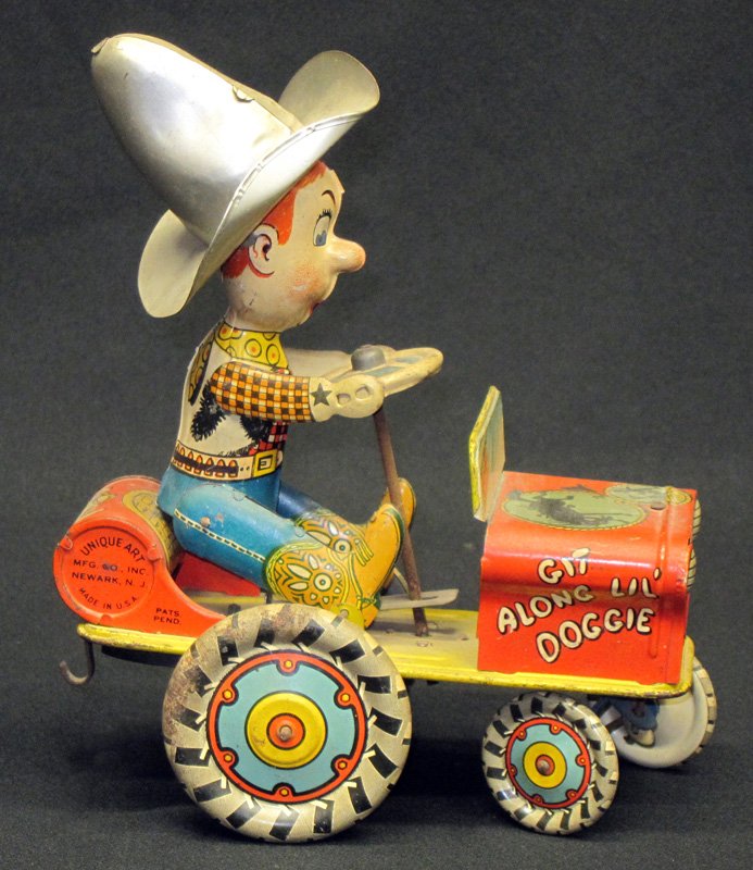UNIQUE ART RODEO JOE: Litho tin; mechanical; working; some scratches, rust spot on one rear wheel; L-8", G