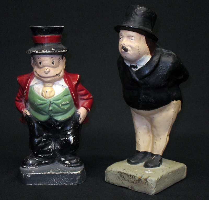 CHARACTER DOORSTOPS (2): Jiggs and man with top hat; painted cast iron; repainted; H-8"-9 1/2"
