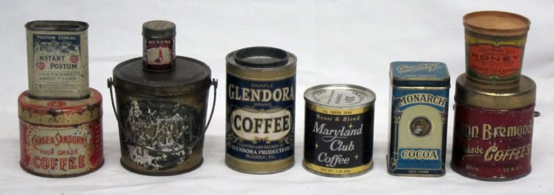 SAMPLE TINS (9): Mostly tin litho or paper litho; Monarch Cocoa, Glendora Coffee, Chase & Sandborn Coffee, John Bremond Coffee, Maryland Club Coffee (unopened), Instant Postum, Snowdrift, Mexene Chile Powder, Honey Cu