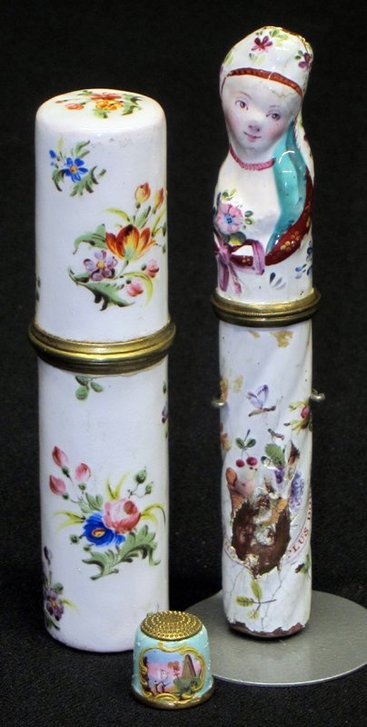 ENAMEL DRESSER ITEMS (3): Painted enamel over copper; (1) figural: woman with flowers, extensive damage; (1) floral: minor base damage; (1) thimble: damage on reverse; tallest H-5", P-F