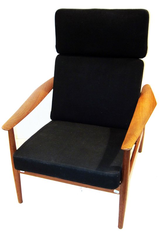 JOHN STUART MODERNE CHAIR: Walnut with black cloth cushions; H-36", W-30", VG-EX