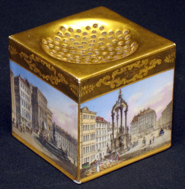 SAND SHAKER: German; finely painted porcelain square shaker with town and museum scenes; gilt decorated top; (1) bottom corner small corner chip; 3" x 3", G-VG