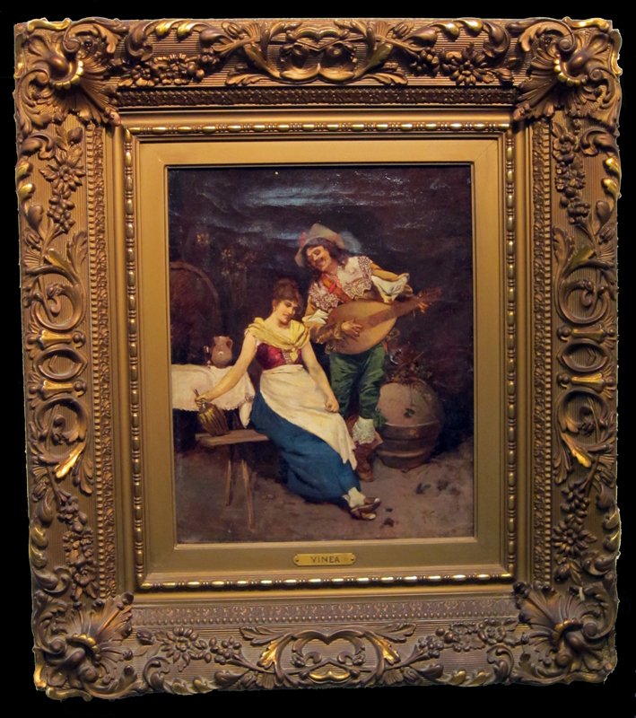 F. VINEA COURTING PAINTING: Oil on canvas; minstrel courting young woman; signed lower right and dated 1887; ornate gilt gesso frame; over-cleaned; some inpainting and apparent uniform tiny flaking losses; 16" x 12", F-G