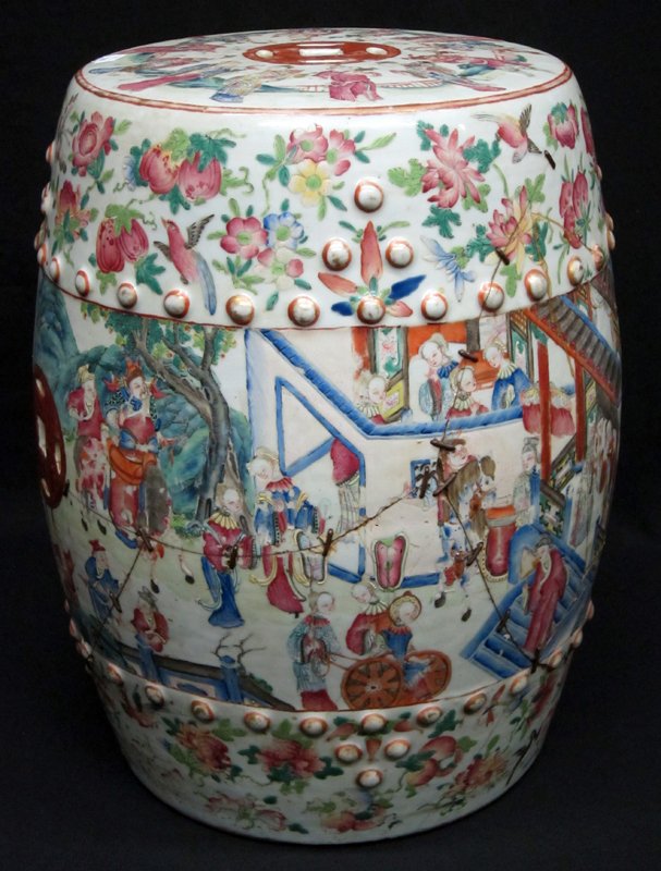 FAMILLE ROSE GARDEN SEAT: Painted and enameled porcelain; garden scenes and raised ball beading; badly damaged, glued and stapled together; H-18 1/2", P-F