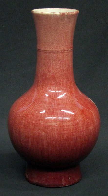 SANG DE BOEUF VASE: Ceramic; light red tone; interior crazing; H-15", G-VG