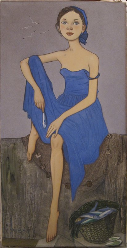 PH MAYER OIL ON CANVAS: Fishing girl, 1958; signed lower left; canvas dirty and dented at top; 39 1/2" x 19 1/2"