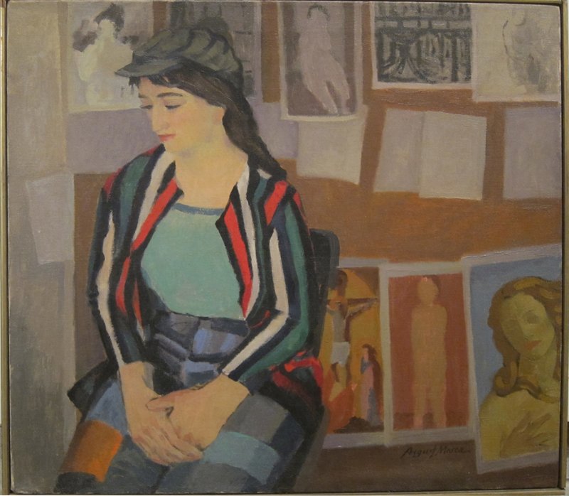 AUGUST MOSCA OIL ON CANVAS: image of girl in striped jacket; signed lower right; 24" x 27", EX