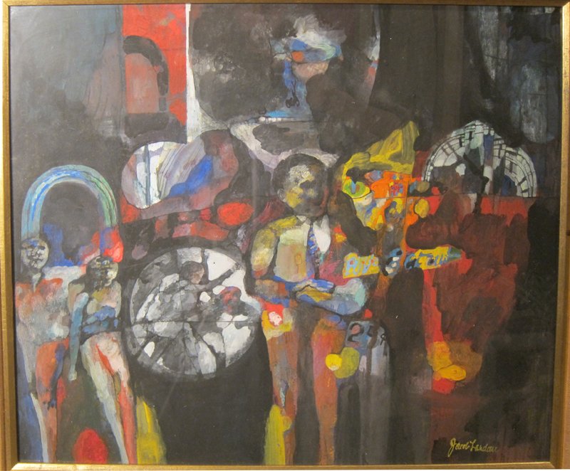 JACOB LANDAU ABSTRACT MIXED MEDIA: Mixed media on paper; abstract figures in space; signed lower right; 17" x 20", EX