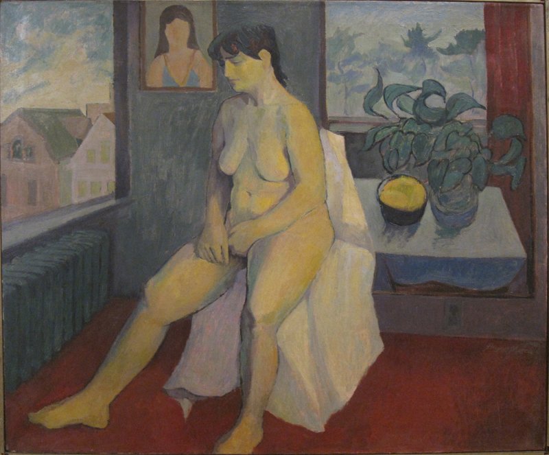 OIL ON CANVAS NUDE: "Zandra Seated"; possibly by August Mosca; unsigned; some denting of canvas in corners; 30" x 36", G