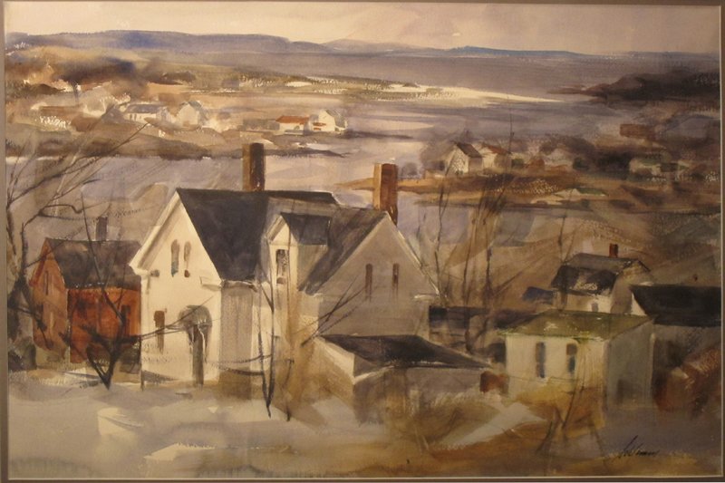BETTY SCHLEMM WATERCOLORS (2): (1) House above Bay, signed lower right; 14" x 21 1/2", EX; (1) sand and rocks, signed lower right; 13" x 19", unframed; EX