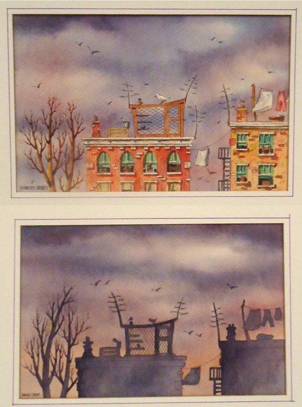 STANLEY BRODEY (12) WATERCOLORS and MIXED MEDIA: (1) Church with snowman; (1) Stained Glass; (1) Crooked Church; (1) Snowman; (1) Crooked Autumn Church; (1) Sunset; (1) Pigeon Coop; (1) Roofline; (1) Crooked Building; (1) Clothesline; (1) Church; 12