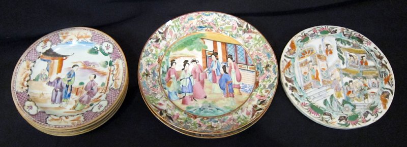 FAMILLE ROSE PORCELAIN: Painted porcelain; (5) Mandarin 6" plates, (1) chipped, (1) stapled; (2) 8" plates, both chipped; (1) hot plate 7"; F-G