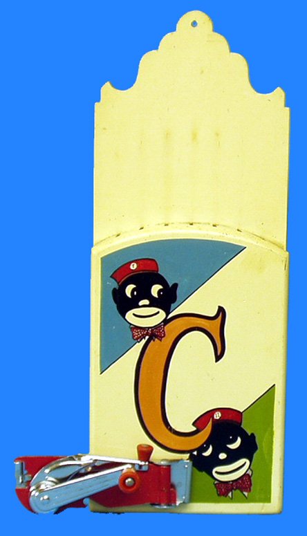 Black Americana BELL HOP KNIFE BLOCK & CAN OPENER: Wall mount knife block, painted wood; 21" x 8"; manual can opener included. G.