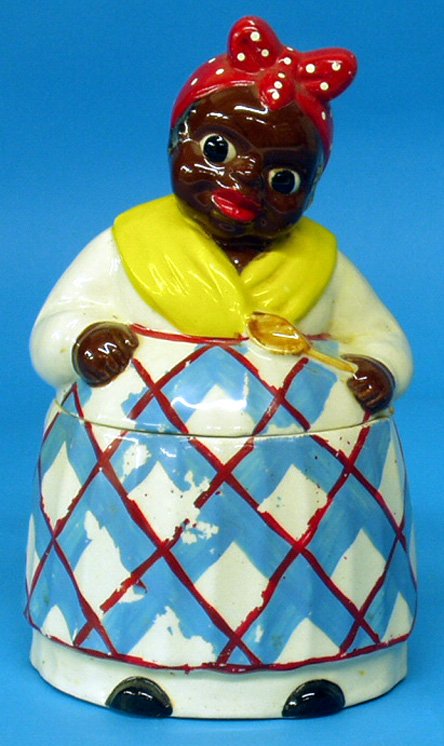 Black Americana 40's-50's VINTAGE MAMMY COOKIE JAR: Unmarked; wide-eyed young Mammy holding spoon; glazed ceramic; wear to cold paint; H-10", G.