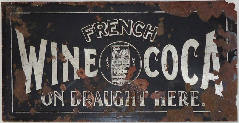 RARE PEMBERTON FRENCH WINE COCA SIGN: Circa 1880's; tin; "Ideal Nerve Tonic", "Health Restorer", "Stimulant", "On Draught Here"; rust, litho loss, edge loss; 4" x 8 1/2", P