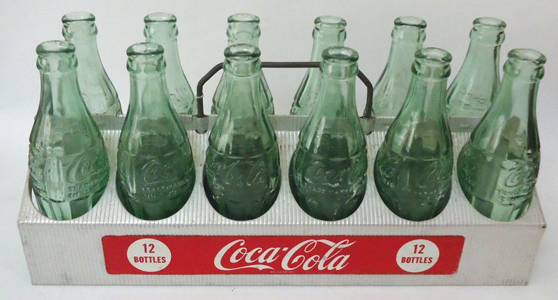 COCA-COLA BOTTLE CARRIER 1950'S: (12) Bottle; aluminum; telescoping handles; normal wear; L-16", VG-EX