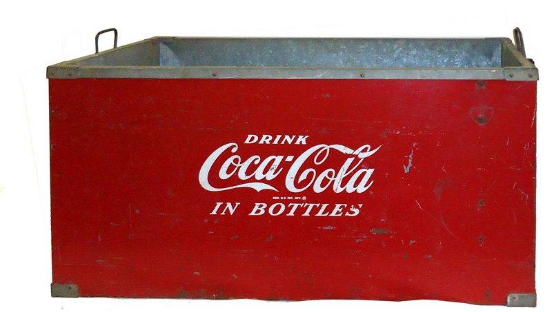 COCA-COLA SPECIAL EVENTS ICE CHEST 1950'S: Progress Model 183; painted metal; retains cap catcher and Starr opener; tubular aluminum legs; H-48" L-36", F