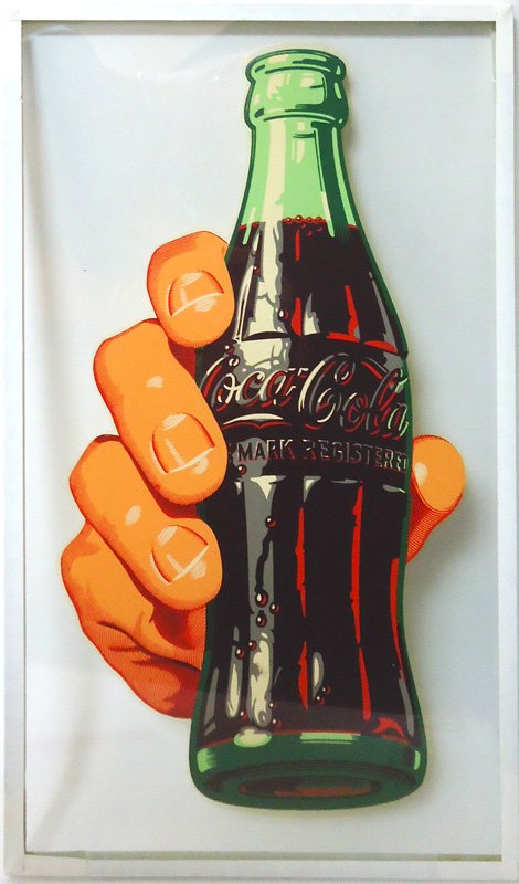 COCA-COLA DECAL 1950'S: Hand holding bottle; applied between two pieces of glass; H-14", EX