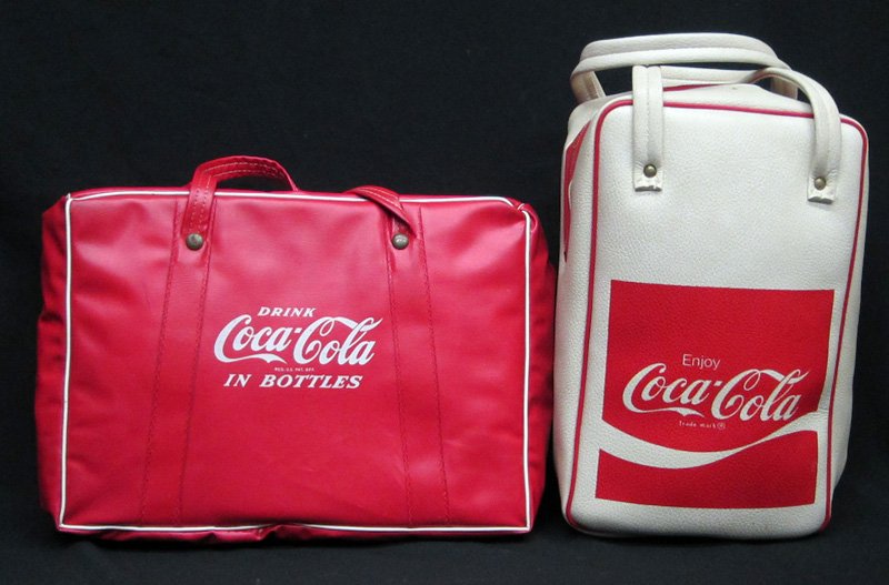 COCA-COLA PICNIC COOLERS (2): Vinyl with zippers; ( 1) 1963, ( 1) 1972; H-11" - 14", VG-EX