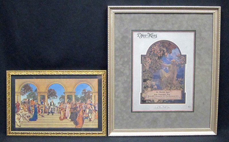 MAXFIELD PARRISH PRINTS (2): (1) "A Florentine Fete" 1920 Curtis Publishing, original frame; (1) Djer-Kiss Waltz Sheet Music 1921, Perfumery; largest framed size: 22 1/4" x 19"
