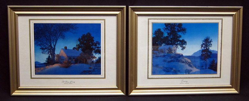 MAXFIELD PARRISH PRINTS (2): (1) "At Close of Day" Brown & Bigelow 1954, (1) "Evening" Brown & Bigelow 1953; reframed; framed size: 18 5/8" x 14 5/8", EX