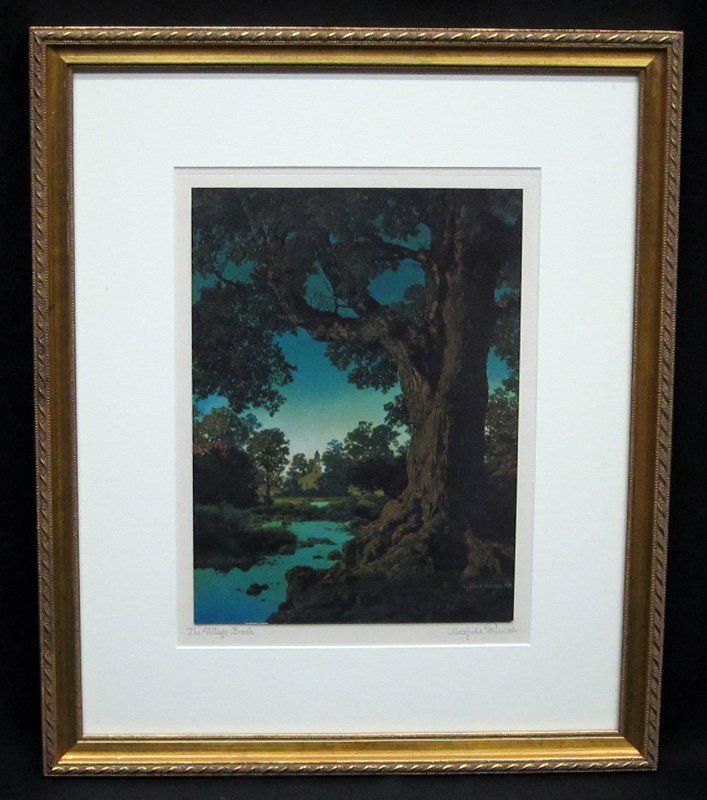 MAXFIELD PARRISH "VILLAGE BOOK" PRINT: Mat bears title of print and signature; period frame; framed size: 18 5/8" x 15 7/8", EX