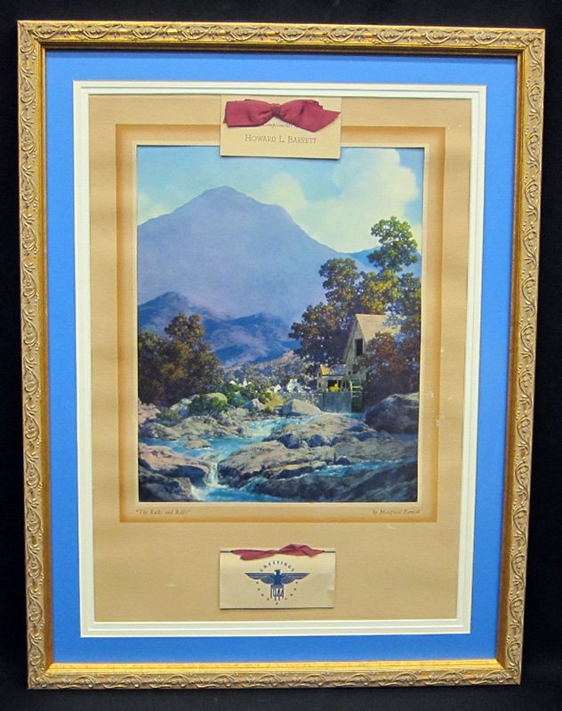 MAXFIELD PARRISH "THE ROCKS & RILLS" PRINT: 1944 Brown & Bigelow advertising calendar for Howard L. Barrett with complete calendar pad and cover; period frame; framed size: 26 5/8" x 20 3/8", VG-EX