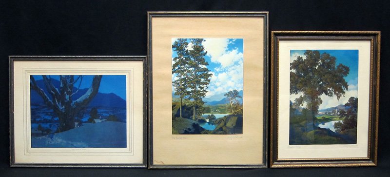 MAXFIELD PARRISH PRINTS (3): (1) "Peaceful Valley": mat bears title and signature; (1) "The Templed Hills": mat bears title and signature; (1) "The Path Home": Tintogravure Brown & Bigelow; period frames; largest framed size: 17