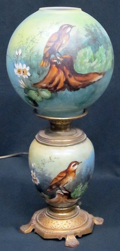 VICTORIAN GONE WITH THE WIND LAMP: Handpainted bird images; electrified; H-20", G-VG