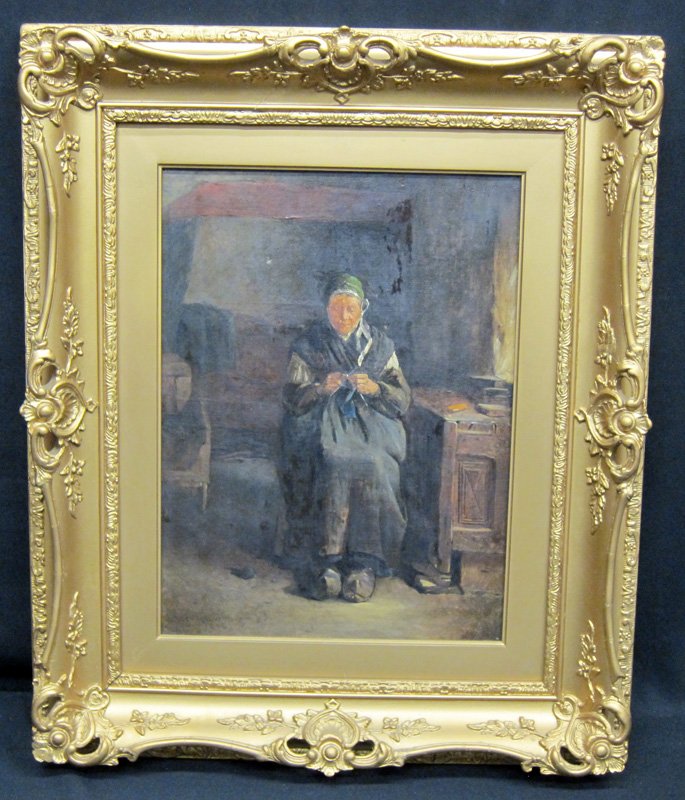 PAINTING OF WOMAN KNITTING: Oil on canvas; signed lower left Carleton A. Smith (18__); interior scene of seated Dutch woman knitting; gilt frame; 16" x 12", G-VG