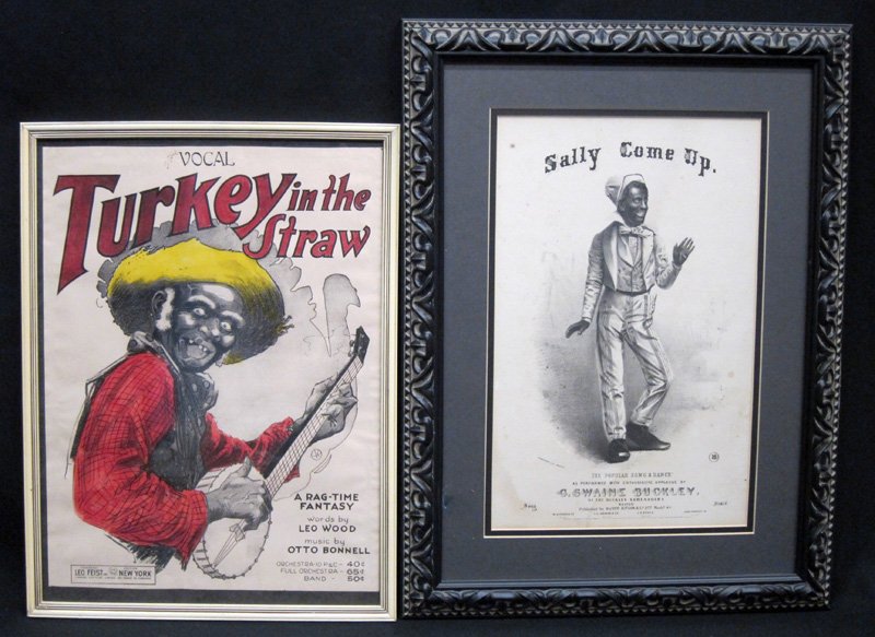 BLACK AMERICANA SHEET MUSIC: paper litho; (1) "Sally Come Up", toning and spots; (1) "Turkey in the Straw", framed; minor foxing on "Sally"; 14" x 10", G-VG