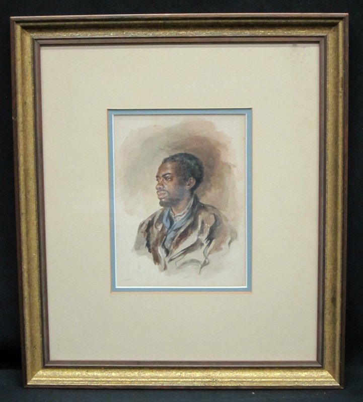 PORTRAIT OF BLACK MAN: Watercolor; signed lower right W. Hunt; well executed black man with beard and moustache; matted and framed; slight foxing; 8" x 6", G-VG