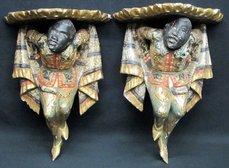 PAIR BLACKAMOOR SCONCES (2): Carved wood gesso and polychromed; numerous small paint chips; H-15", G