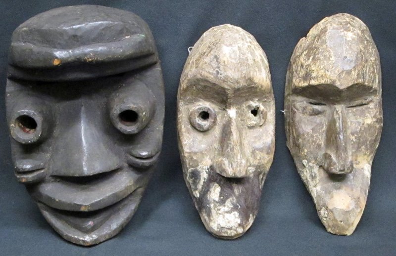 DAN COMPLEX MASKS (3): Carved wood; (2) Liberia, traces of hair; (1) Ivory Coast; original finish; wear; H-10", F-G
