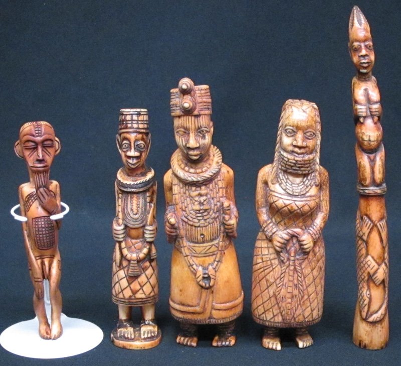 AFRICAN BONE FIGURINES (5): Antique carvings; W. Africa; H-6"-8", G-VG