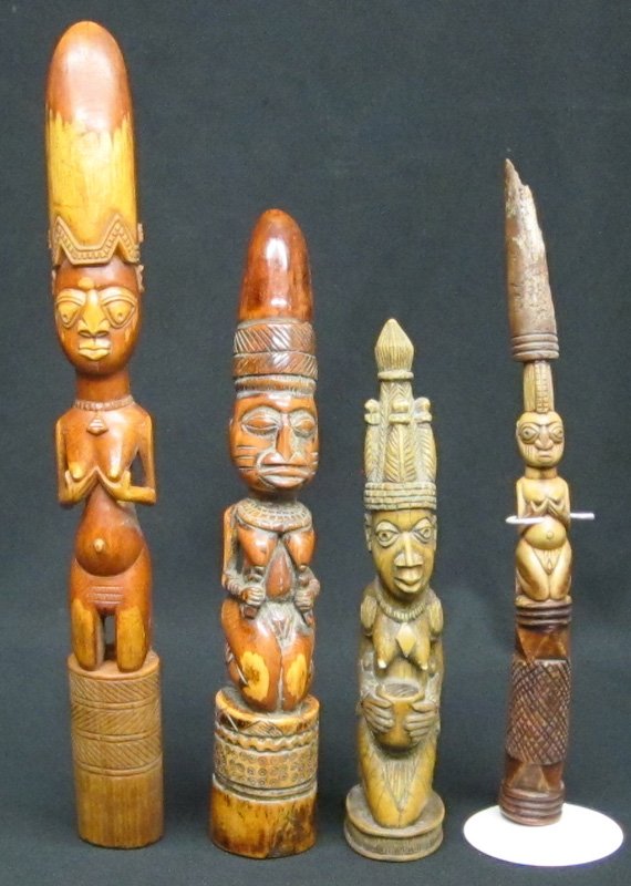 YORUBA TAPPERS & AFRICAN FIGURES (4): Nigeria, etc.; carved bone, etc.; antique; normal wear; H-10"-15", G-VG
