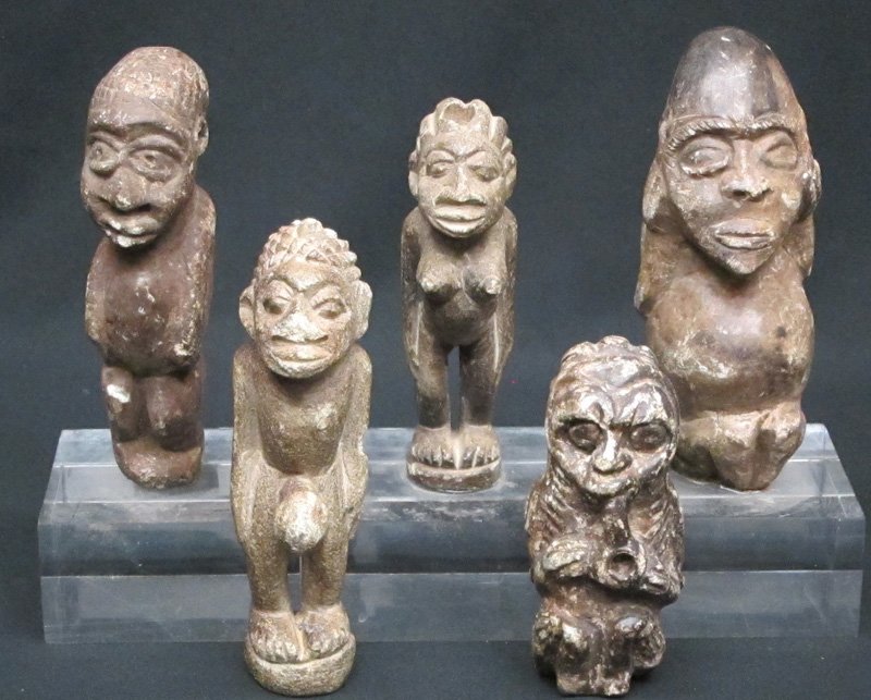 WEST AFRICAN & LOBI FIGURINES (5): Carved soapstone, etc.; mostly W. Africa and Burkina Faso; some wear and chips; H-5"-7", G-VG