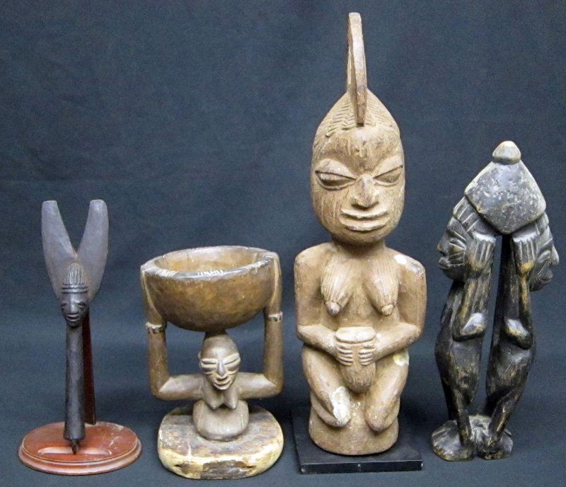 YORUBA AFRICAN SCULPTURES (4): (1) Yoruba shrine figure: carved wood; Nigeria; crack on left side of face; (1) Yoruba double figure: carved wood, Nigeria; (1) Yoruba Shango Staff: carved wood, Nigeria; (1) Yoruba Kola nut bowl: car