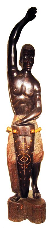 LIFE SIZE AFRICAN FIGURES: Pair carved wood man and woman; signed R. Michel; woman has large central separation crack; H-75"-82", G-VG