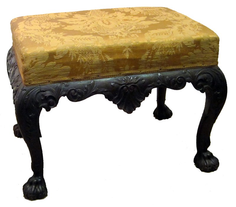 PAIR FOOTSTOOLS: Pair Chippendale style footstools; cabinet made; elaborately carved mahogany; hairy paw feet; original finish; H-18", L-26", G-VG