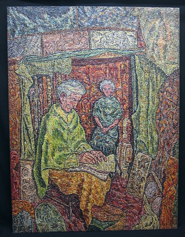 ROTHBORT PAINTING OF ELDERLY COUPLE: Appears to be in a tent or cabana, many hidden faces; heavy palette painting on masonite; bears estate stamp on reverse "Samuel Rothbort"; not signed; not framed; 48" x 36", VG-EX