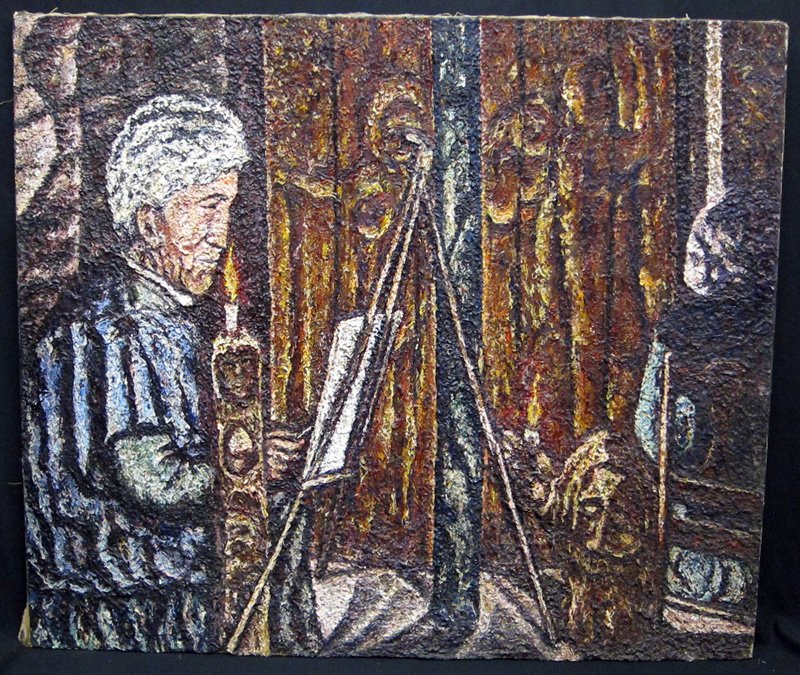 ROTHBORT PAINTING OF ARTIST AT EASEL: Heavy palette painting on canvas; bears estate stamp "Samuel Rothbort" on reverse stretcher; unsigned; not framed; 36" x 42", G-VG